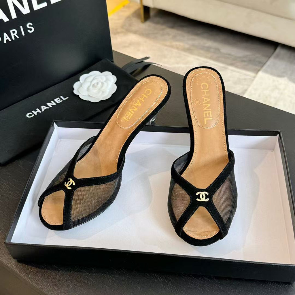 CC TRANSPARENT HIGH HEELS IN BLACK MESH