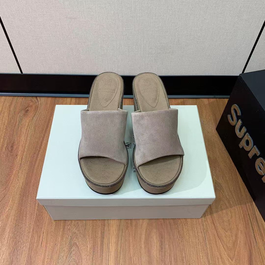 BRUNELLO CUCINELLI CHUNKY SOLES SANDALS IN DARK BEIGE SUEDE