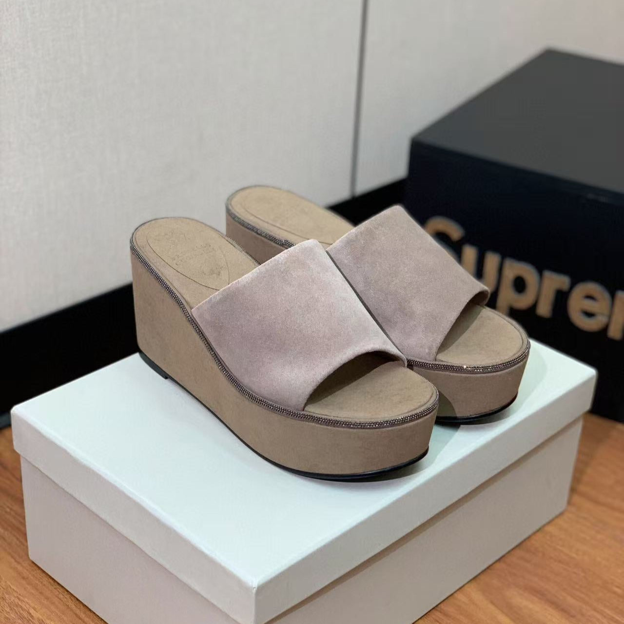 BRUNELLO CUCINELLI CHUNKY SOLES SANDALS IN DARK BEIGE SUEDE
