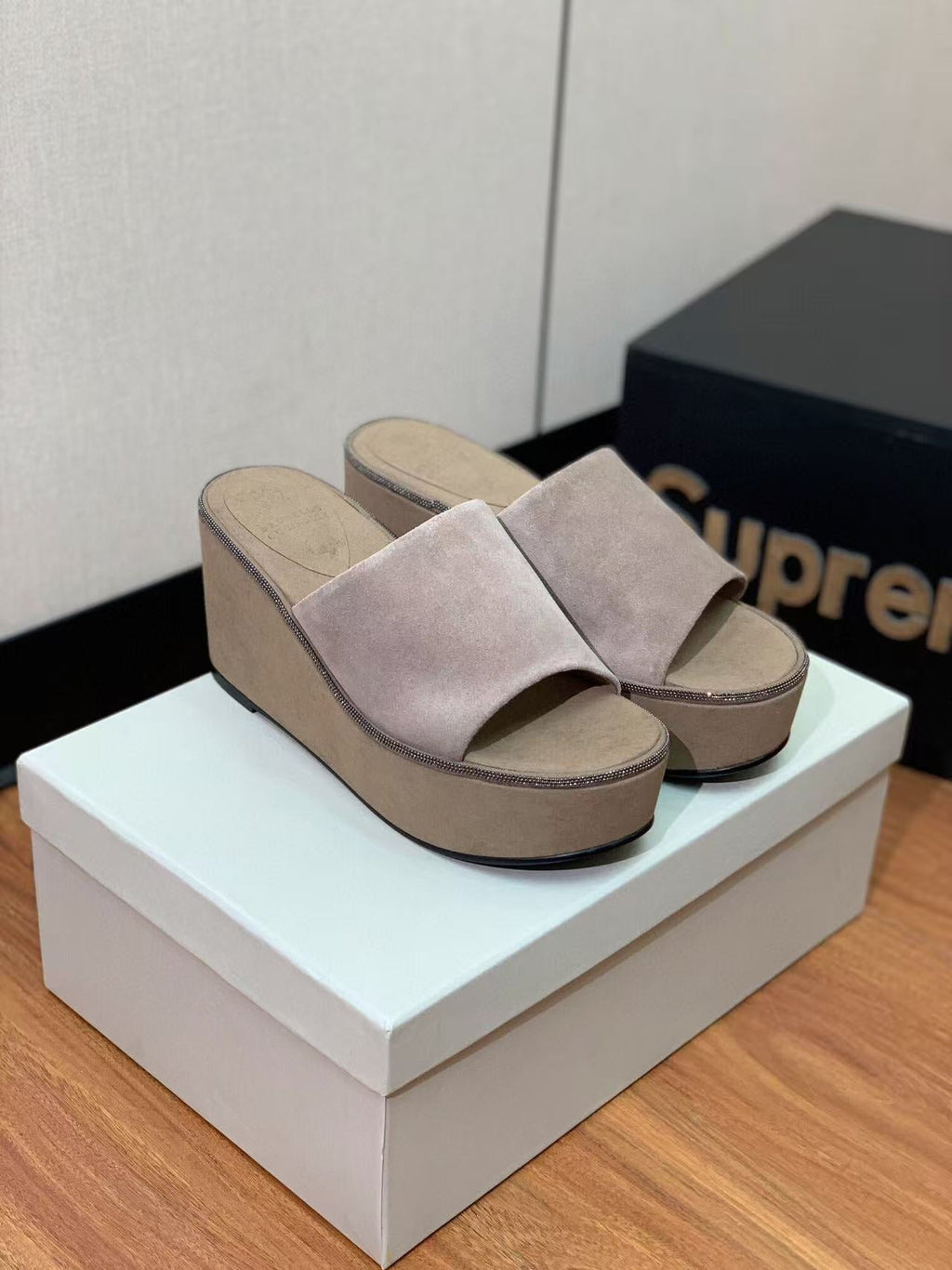 BRUNELLO CUCINELLI CHUNKY SOLES SANDALS IN DARK BEIGE SUEDE