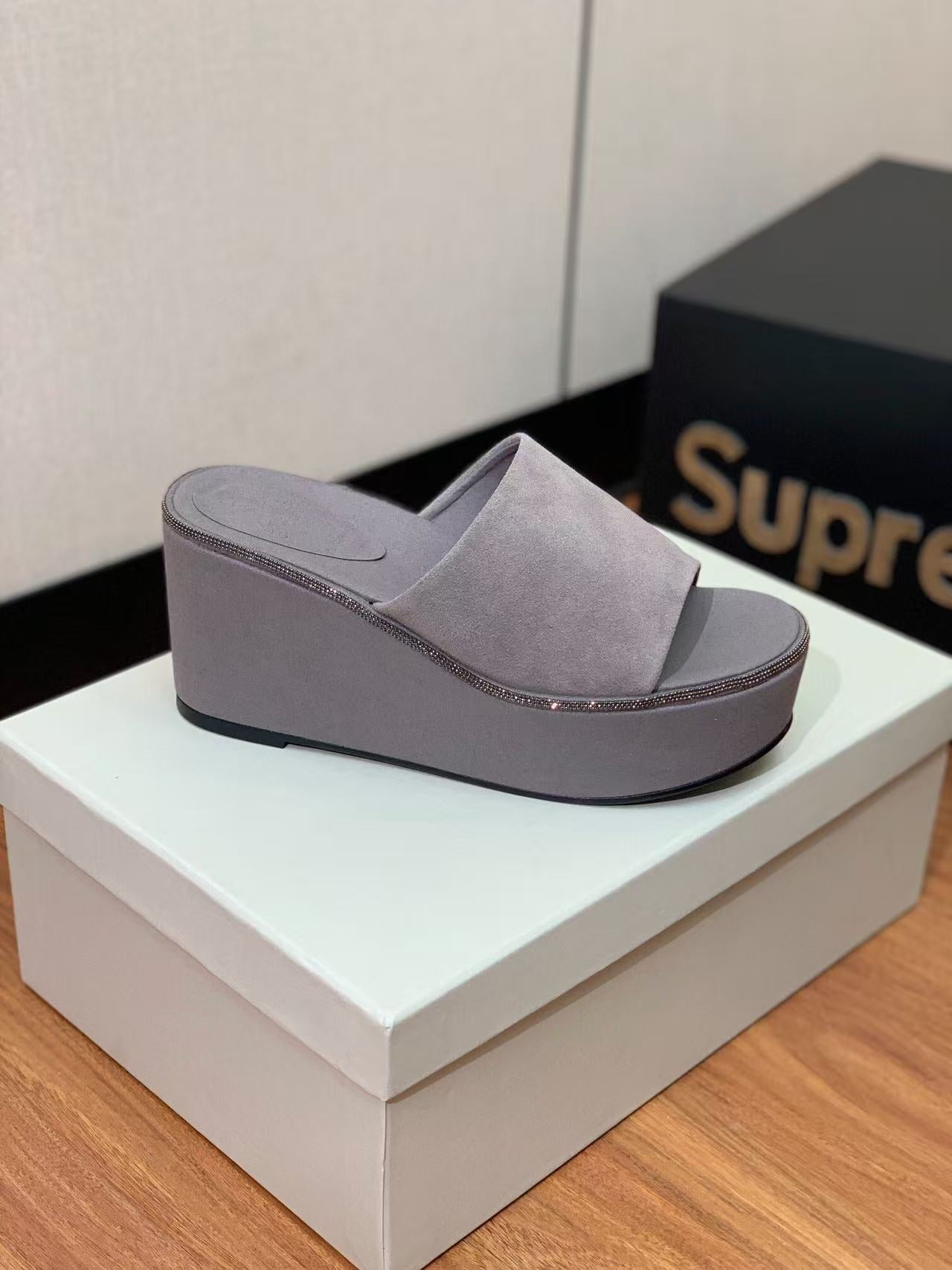 BRUNELLO CUCINELLI CHUNKY SOLES SANDALS IN GREY SUEDE