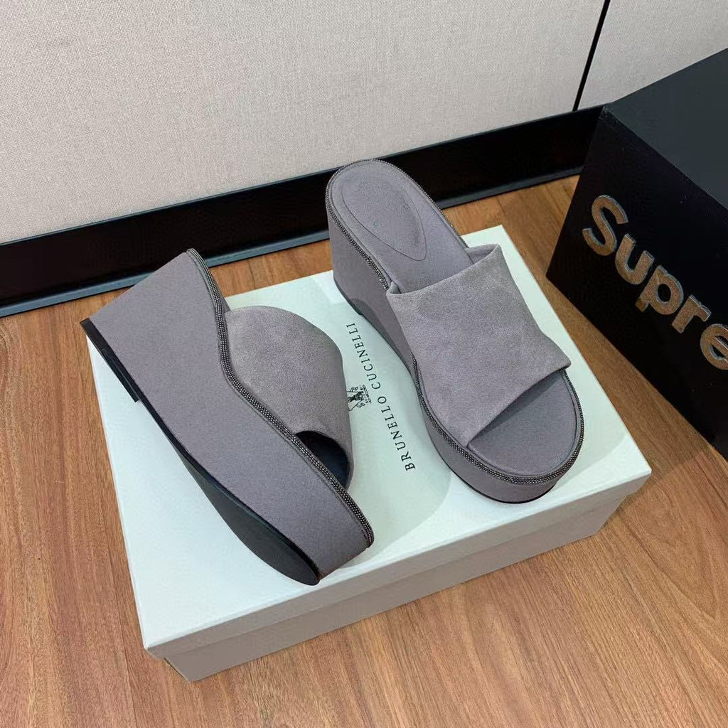 BRUNELLO CUCINELLI CHUNKY SOLES SANDALS IN GREY SUEDE