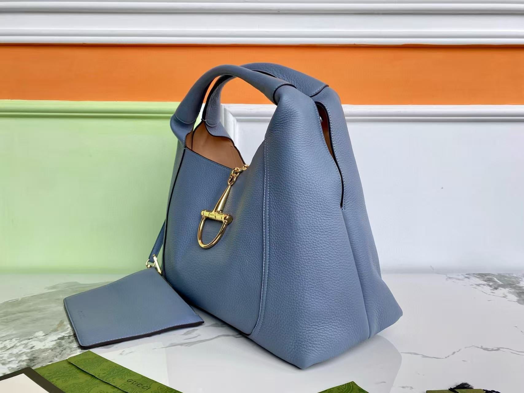 GG HORSEBIT HOBO BAG 46 IN LIGHT BLUE CALFSKIN GOLD HARDWARE