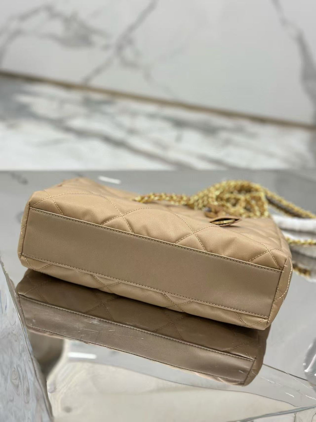 PRADA QUILTED SHOULDER BAG 25 IN LIGHT BROWN CALFSKIN