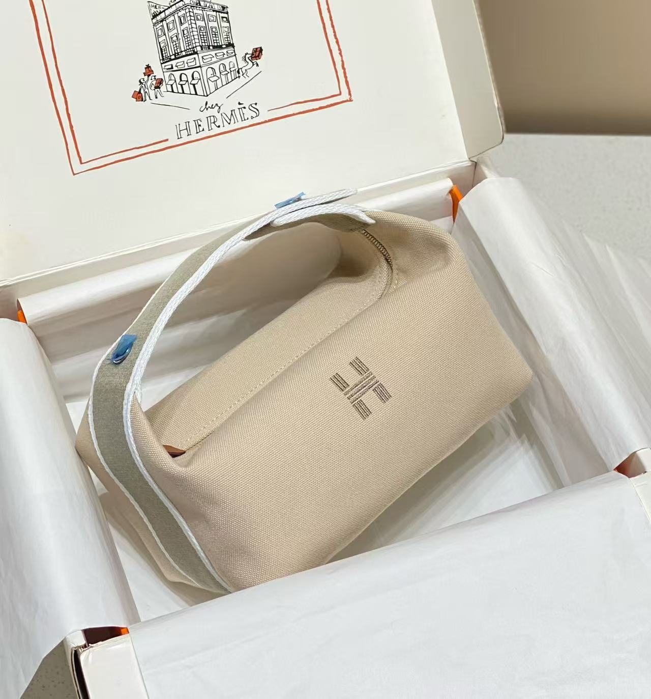 HM TOP HANDLE BAG 25 IN LIGHT BROWN MIX GREY CALFSKIN