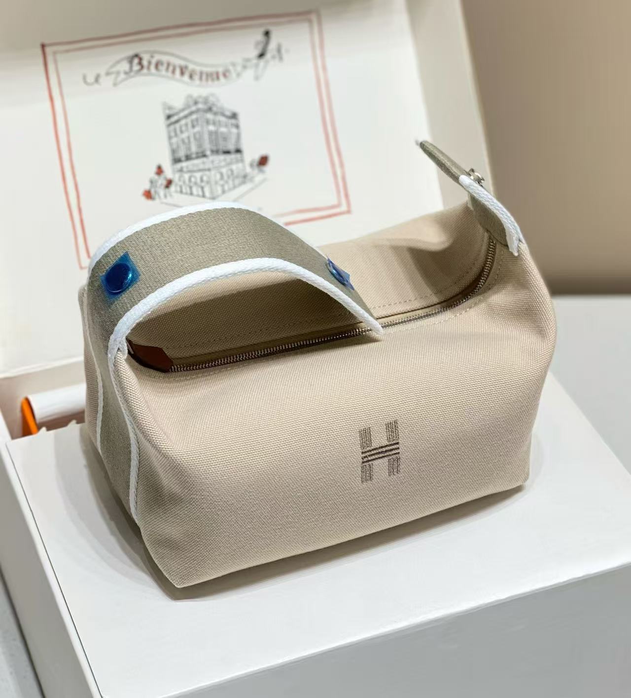 HM TOP HANDLE BAG 25 IN LIGHT BROWN MIX GREY CALFSKIN