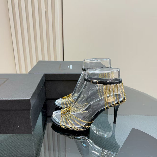 YSL HIGH HEEL CHAIN SANDALS IN BLACK CALFSKIN AND METAL