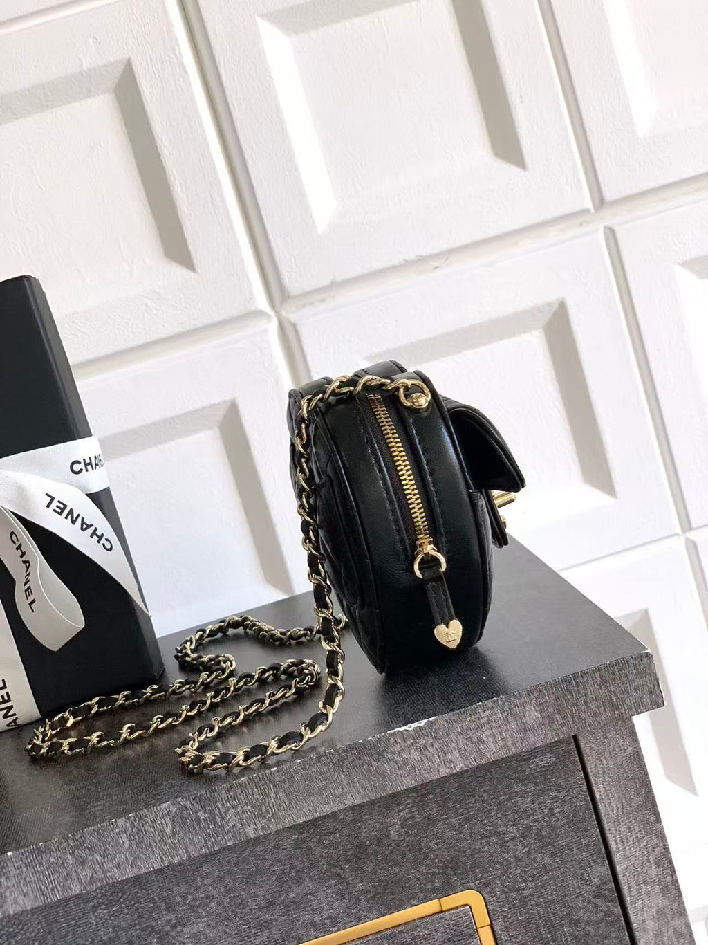CC HEART QUILTED SHOULDER BAG 13 IN BLACK CALFSKIN TP3