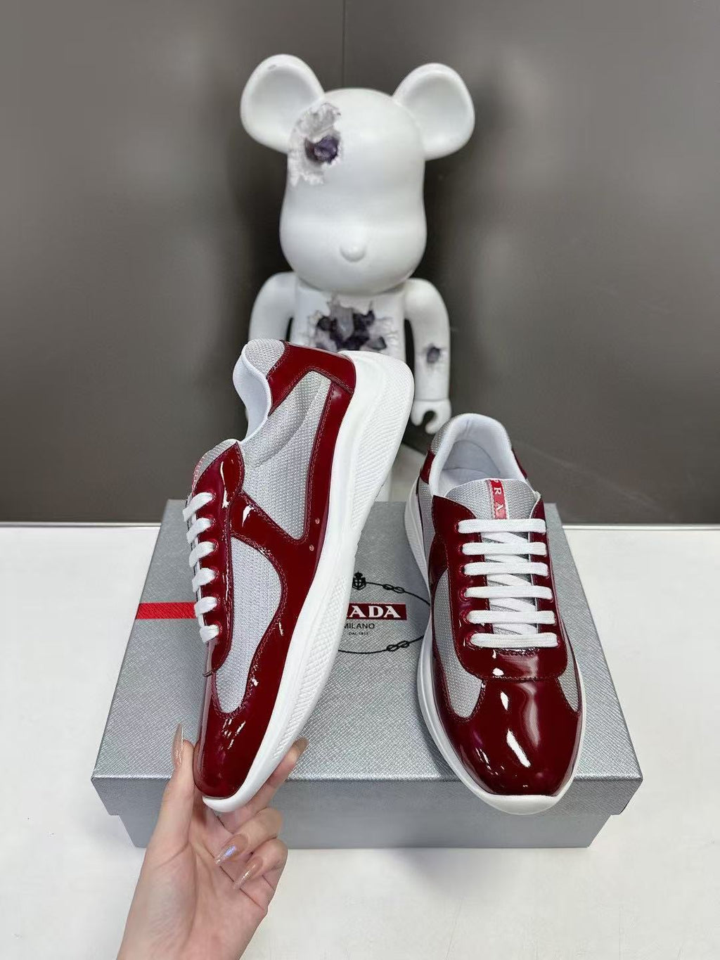 PRADA SNEAKERS IN BURDUNDY RED CALFSKIN AND MESH