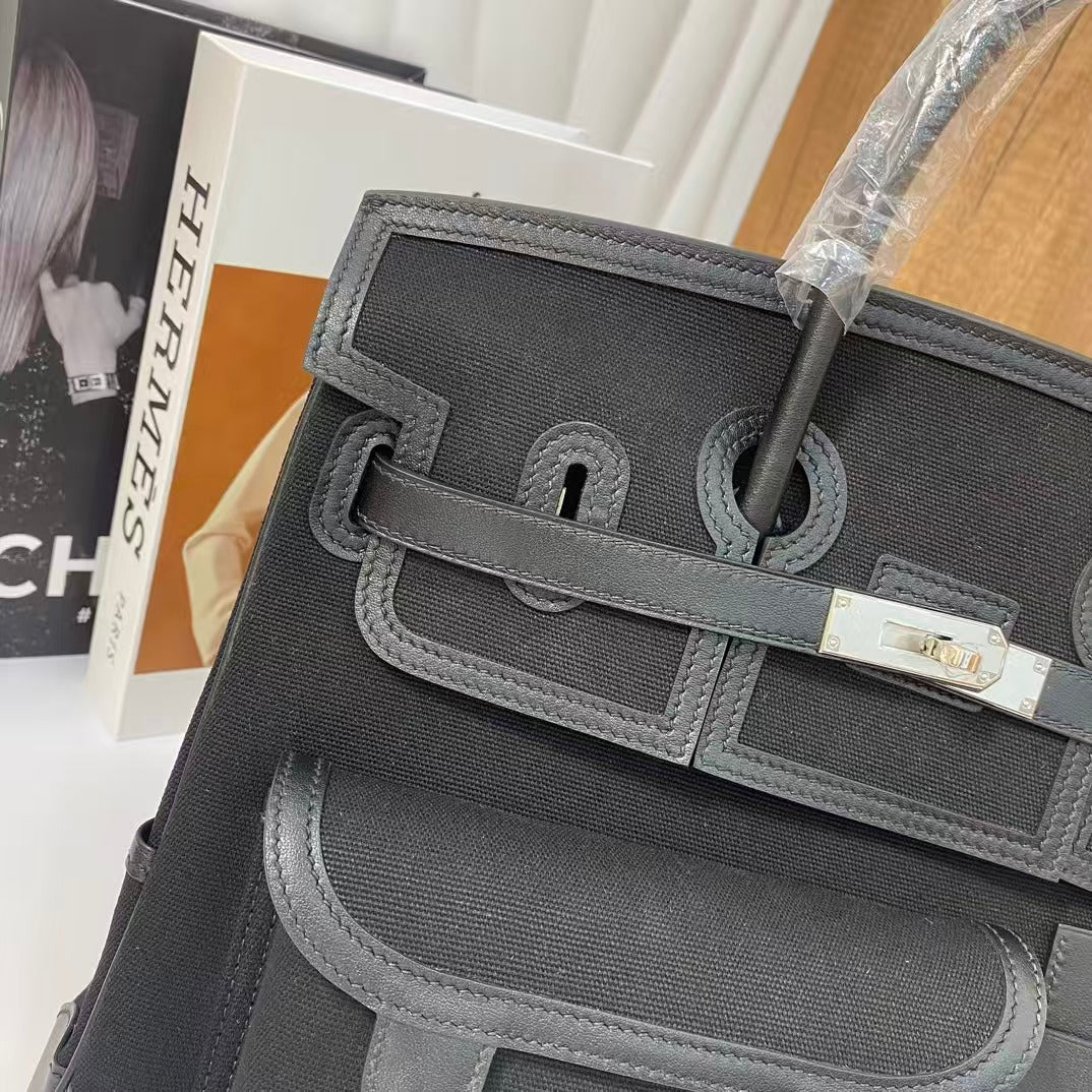 BIRKIN CARGO 35CM BLACK CANVAS AND LEATHER SILVER HARDWARE