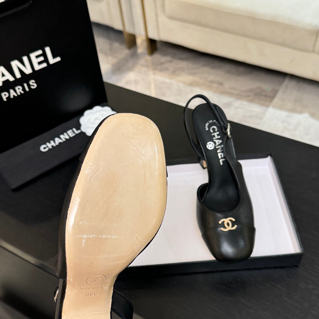 CHANEL SLINGBACK DOUBLE C BUCKLE IN BLACK CALFSKIN