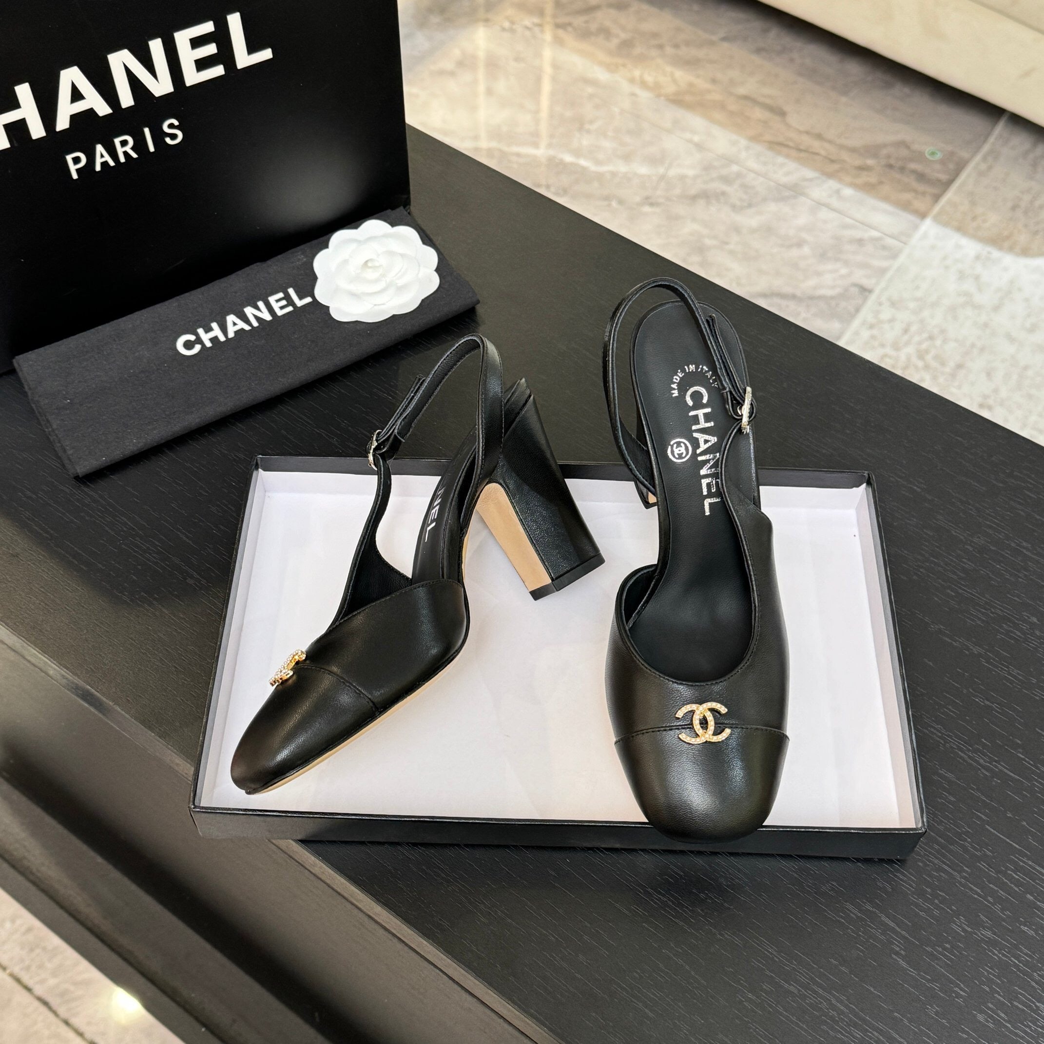 CHANEL SLINGBACK DOUBLE C BUCKLE IN BLACK CALFSKIN