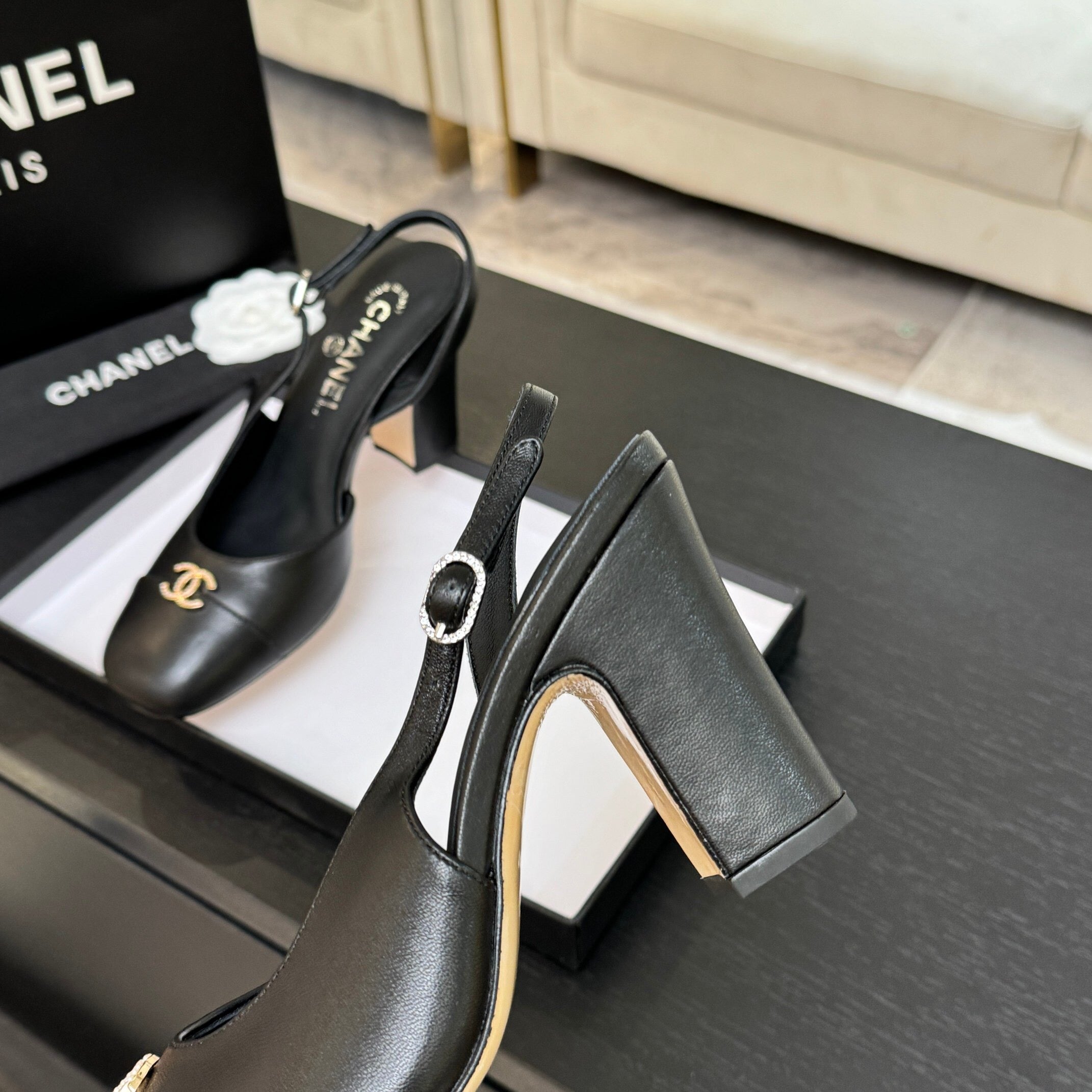 CHANEL SLINGBACK DOUBLE C BUCKLE IN BLACK CALFSKIN