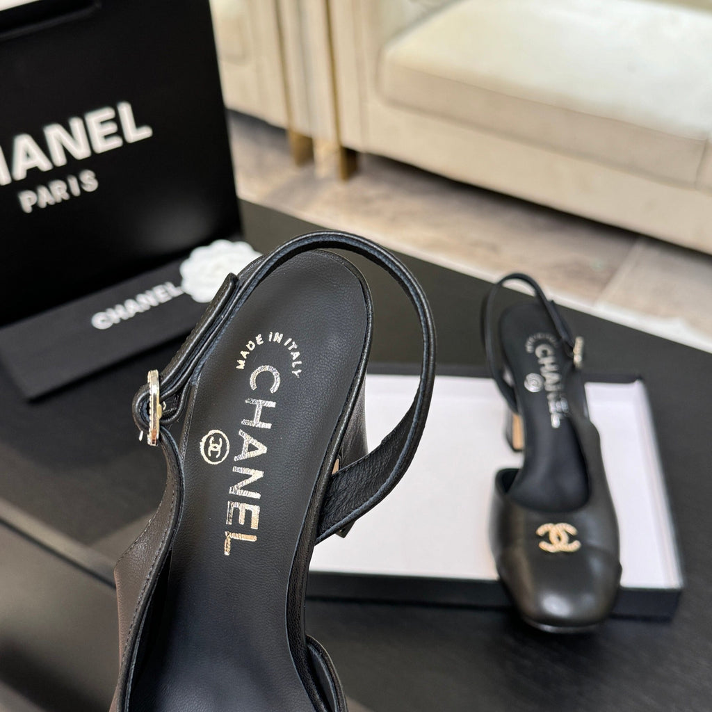 CHANEL SLINGBACK DOUBLE C BUCKLE IN BLACK CALFSKIN