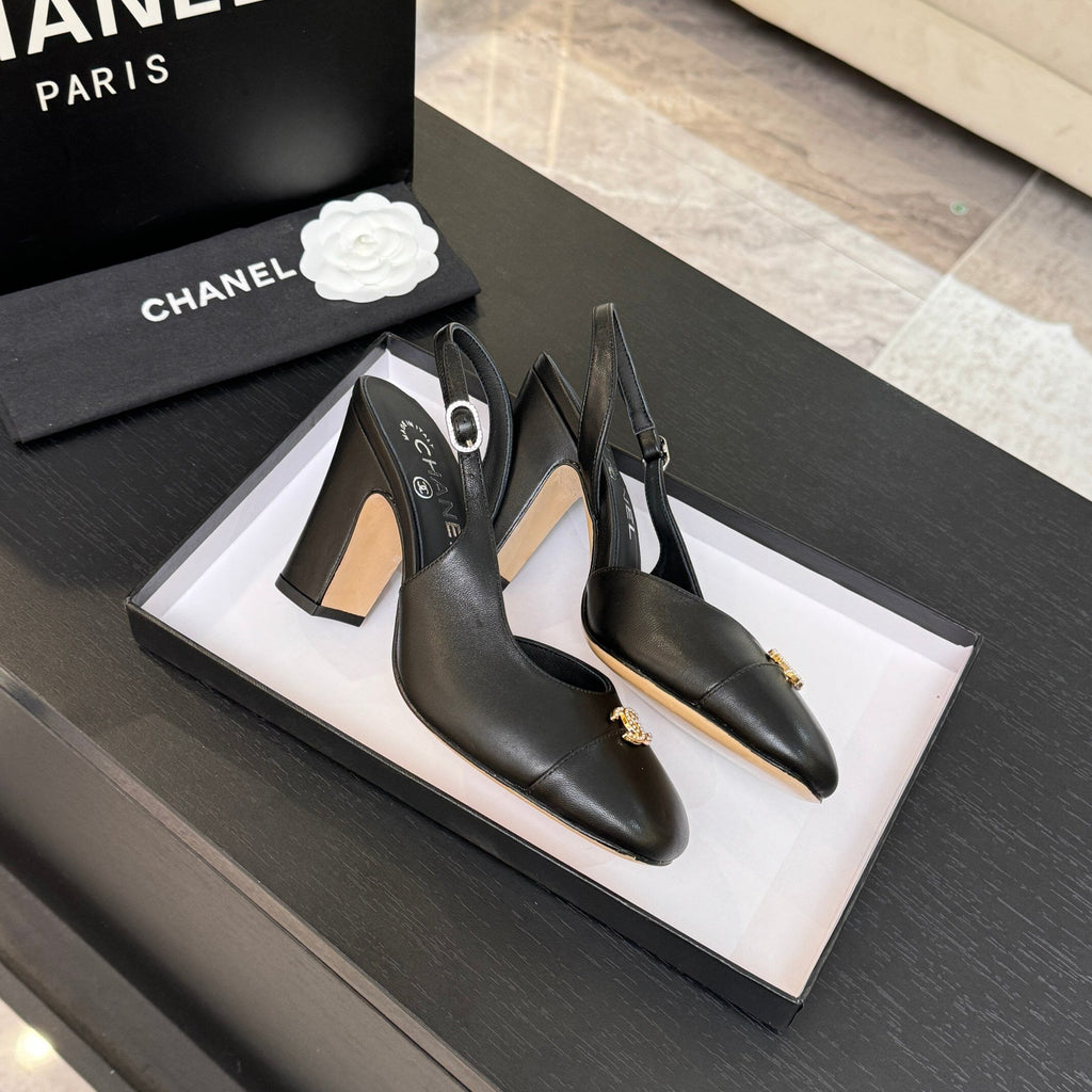 CHANEL SLINGBACK DOUBLE C BUCKLE IN BLACK CALFSKIN