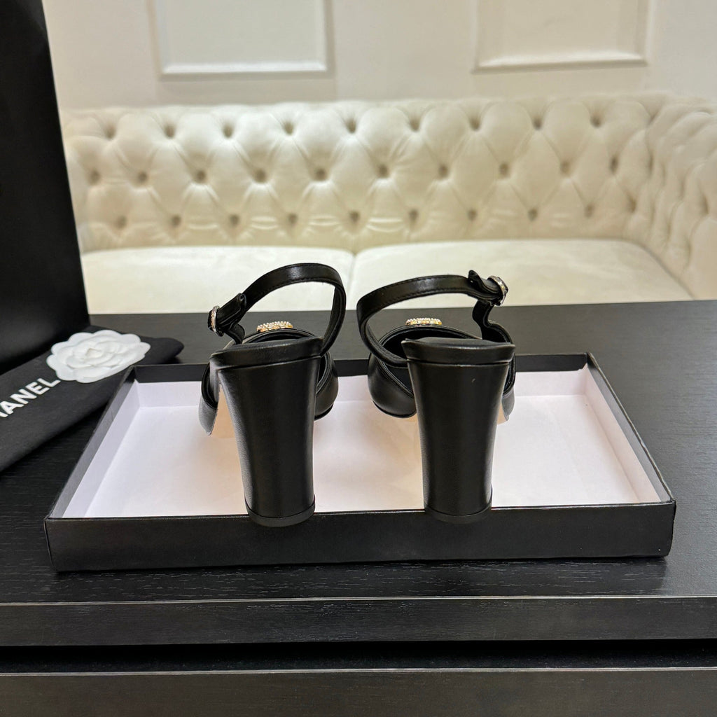 CHANEL SLINGBACK DOUBLE C BUCKLE IN BLACK CALFSKIN