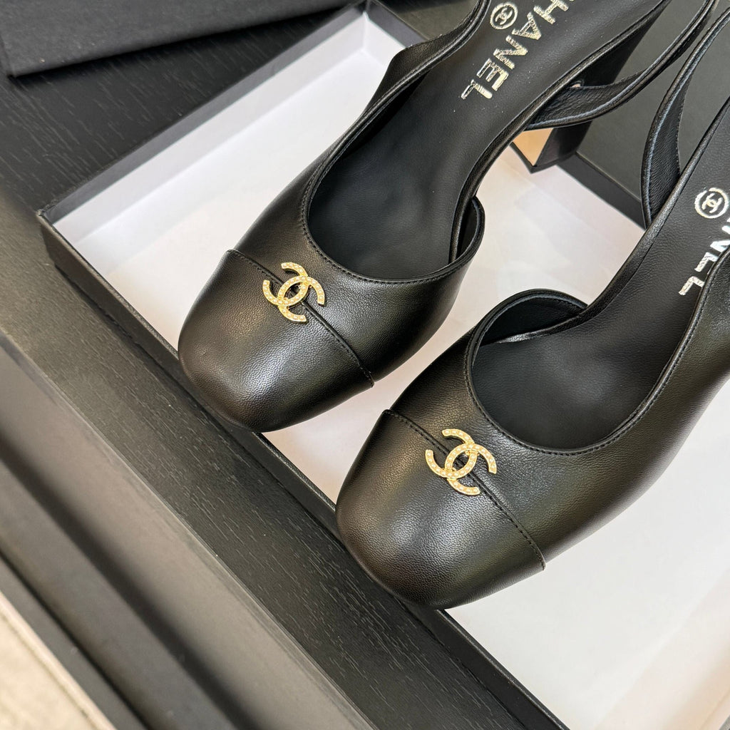 CHANEL SLINGBACK DOUBLE C BUCKLE IN BLACK CALFSKIN