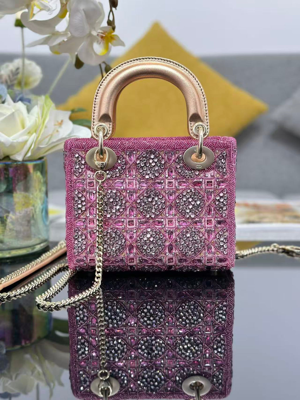 CRYSTAL LADY DIOR BAG 17 IN PINK CALFSKIN TP3