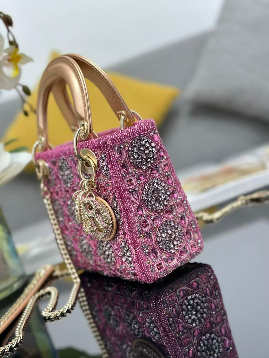CRYSTAL LADY DIOR BAG 17 IN PINK CALFSKIN TP3