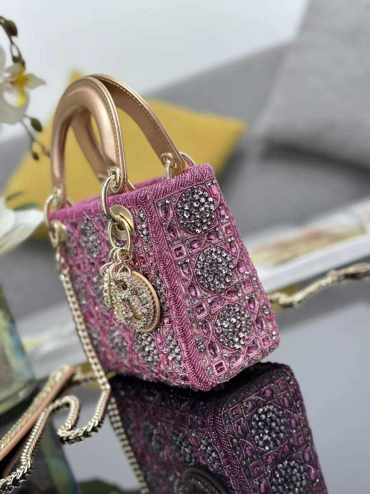 CRYSTAL LADY DIOR BAG 17 IN PINK CALFSKIN TP3