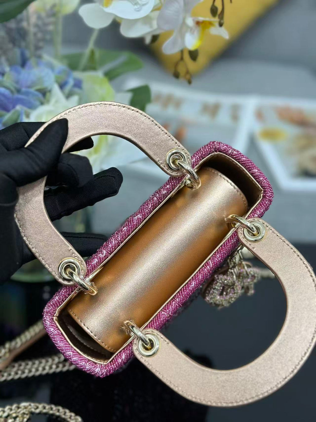 CRYSTAL LADY DIOR BAG 17 IN PINK CALFSKIN TP3