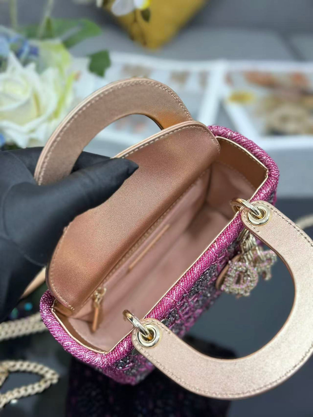 CRYSTAL LADY DIOR BAG 17 IN PINK CALFSKIN TP3