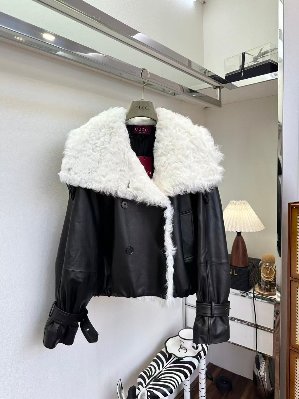 GUCCI LEATHER JACKET WITH WHITE SHEARLING