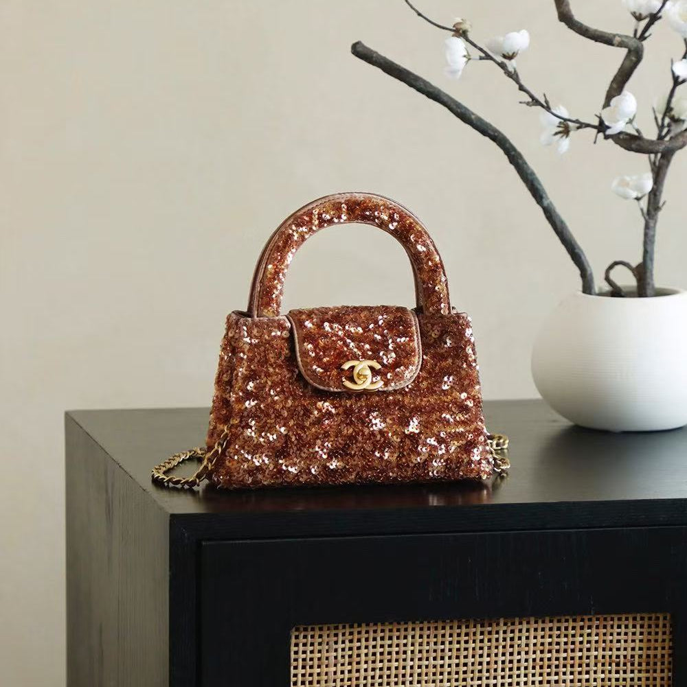 CC KELLY TOP HANDLE BAG 19 IN BROWN SEQUINED FINISH