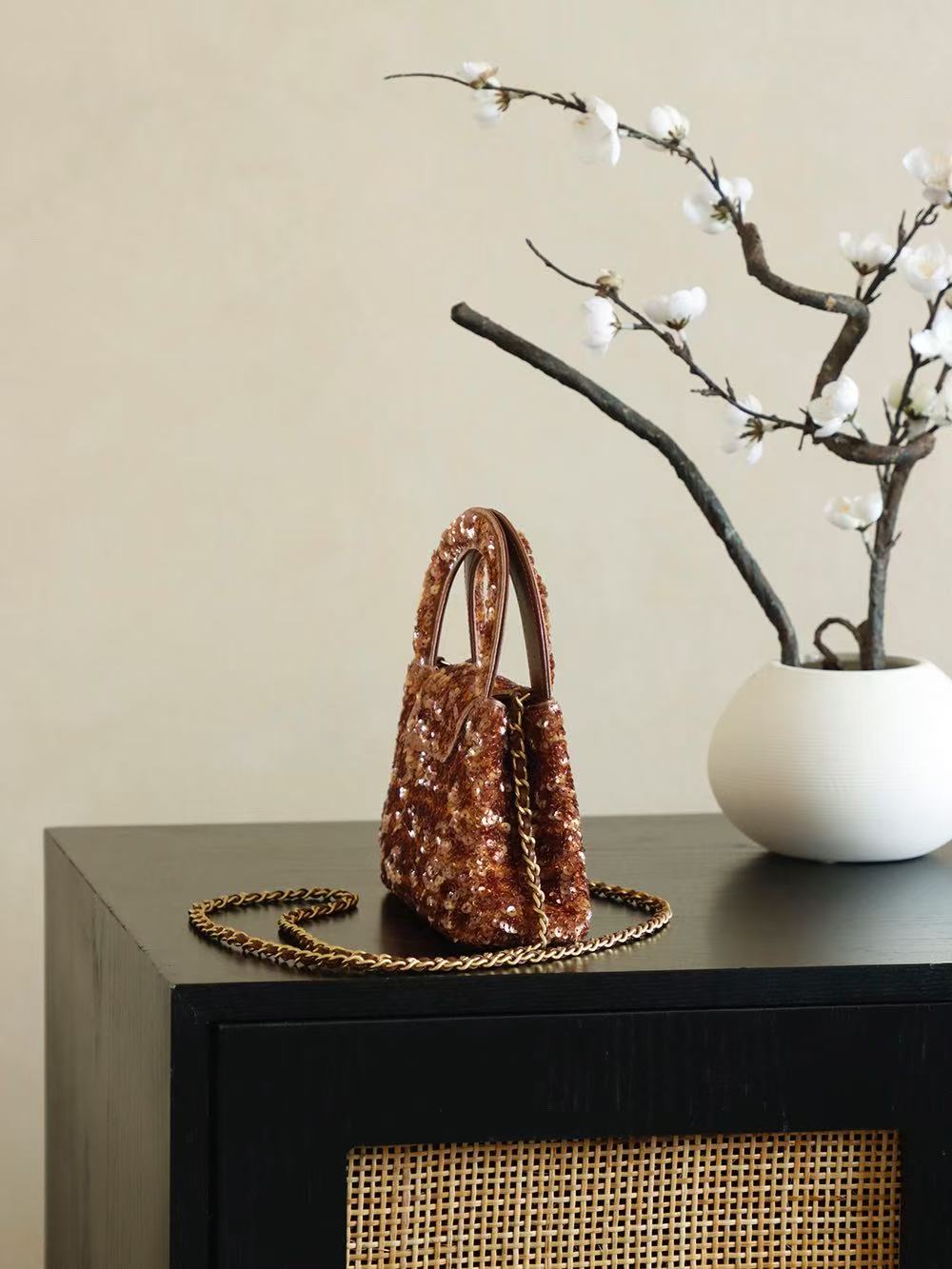 CC KELLY TOP HANDLE BAG 19 IN BROWN SEQUINED FINISH