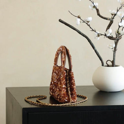 CC KELLY TOP HANDLE BAG 19 IN BROWN SEQUINED FINISH