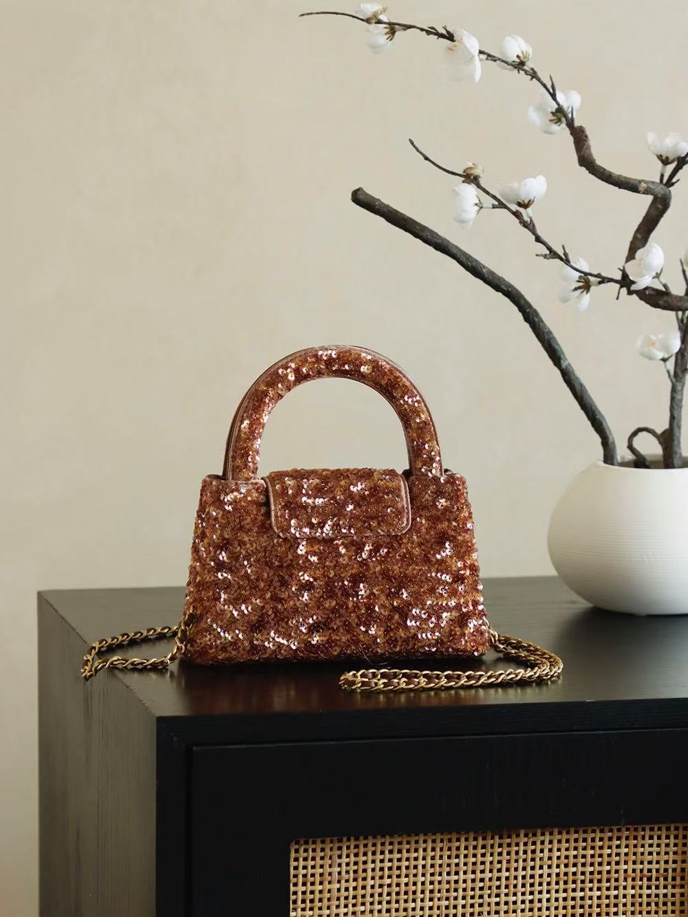 CC KELLY TOP HANDLE BAG 19 IN BROWN SEQUINED FINISH