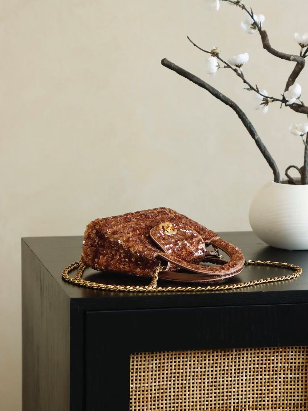 CC KELLY TOP HANDLE BAG 19 IN BROWN SEQUINED FINISH