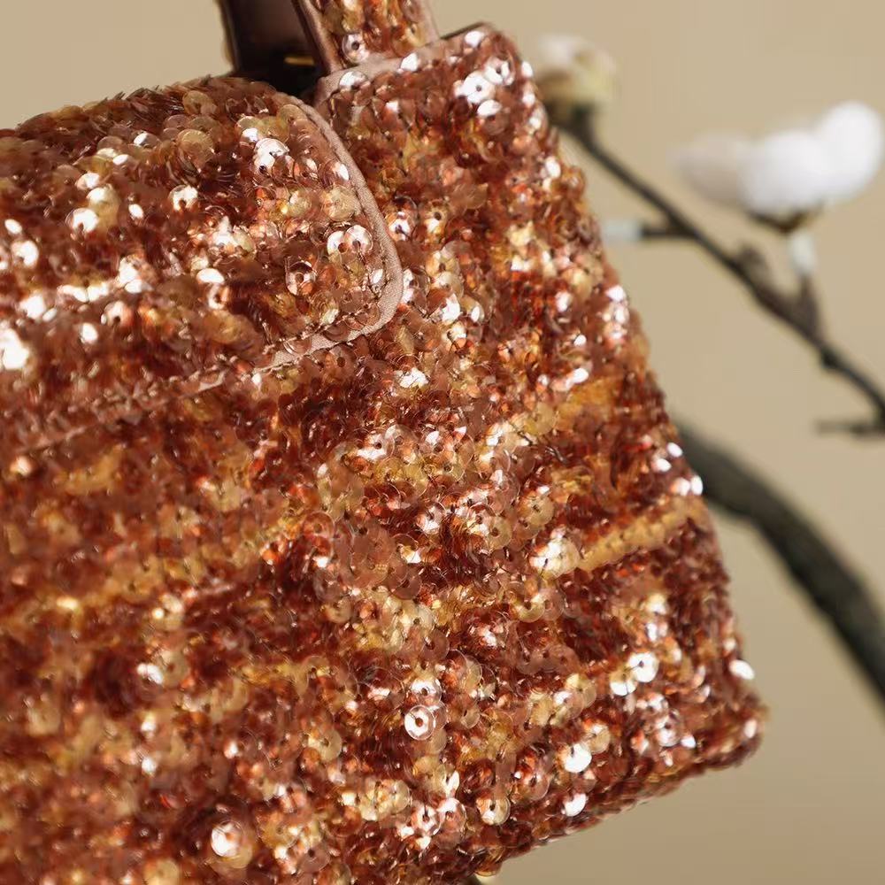 CC KELLY TOP HANDLE BAG 19 IN BROWN SEQUINED FINISH