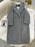 MAX MARA LONG COAT IN LIGHT GREY WOOL WITH CRYSTAL CHARM