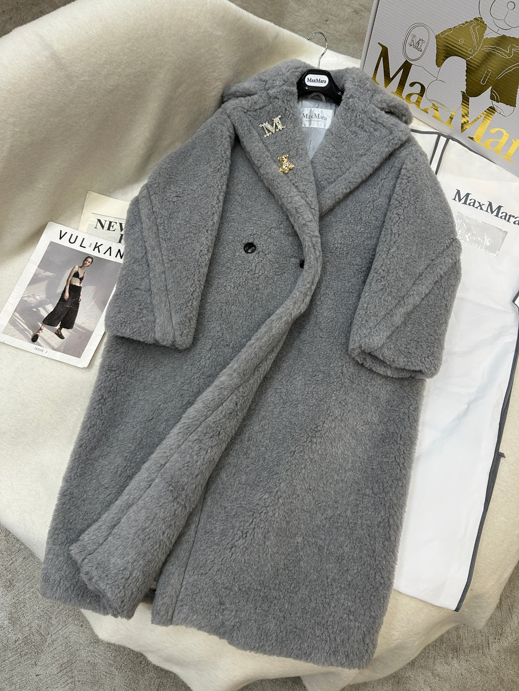 MAX MARA LONG COAT IN LIGHT GREY WOOL WITH CRYSTAL CHARM