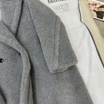MAX MARA LONG COAT IN LIGHT GREY WOOL WITH CRYSTAL CHARM