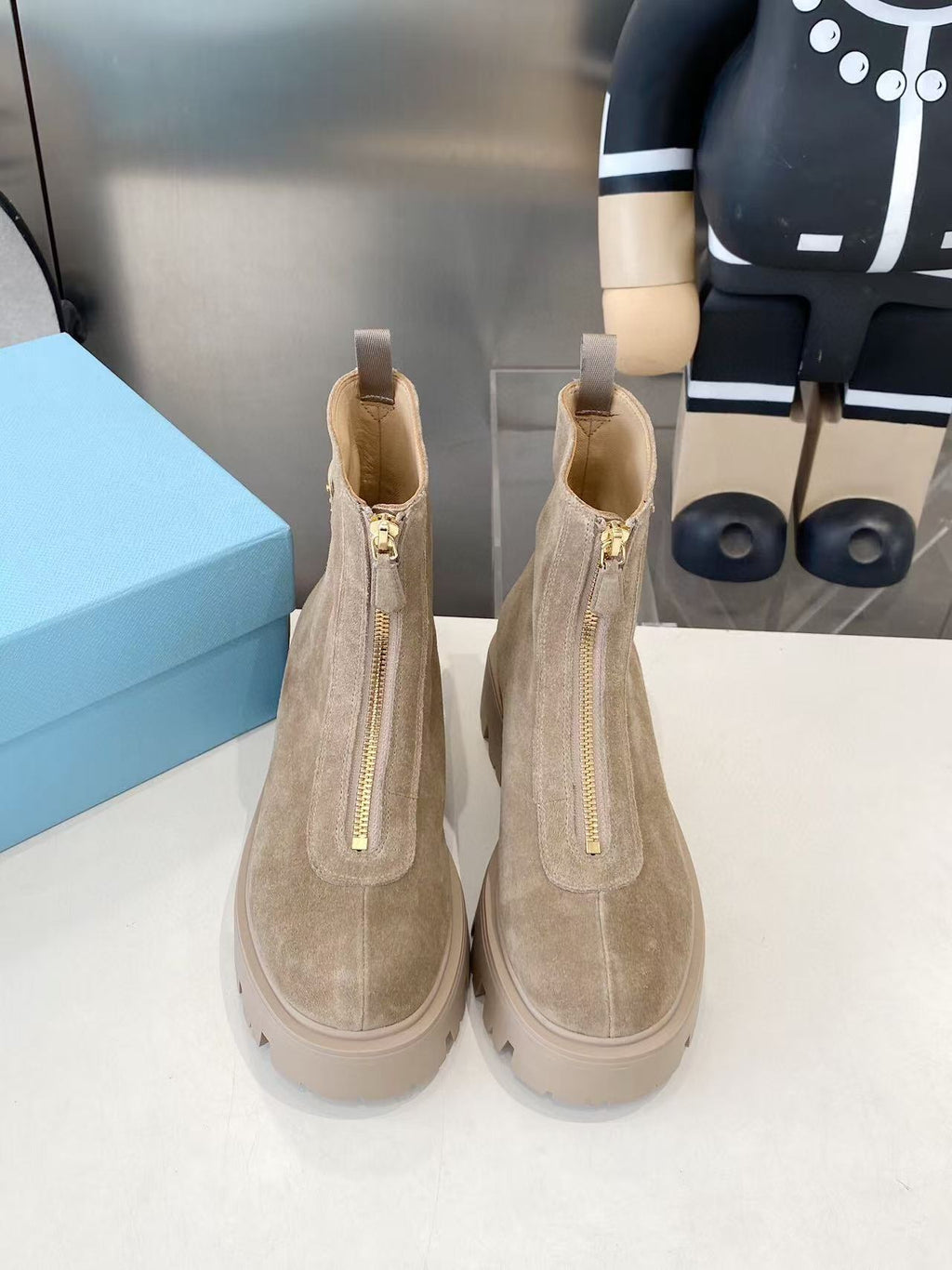 PRADA 25S SHORT BOOT IN BEIGE SUEDE SYTLE 1