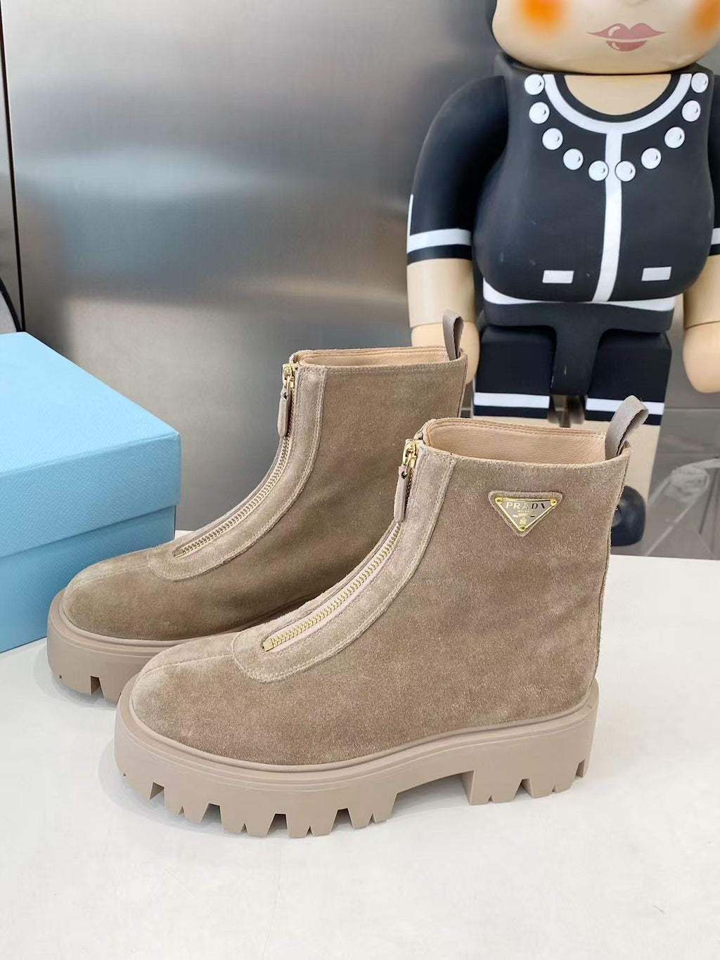 PRADA 25S SHORT BOOT IN BEIGE SUEDE SYTLE 1