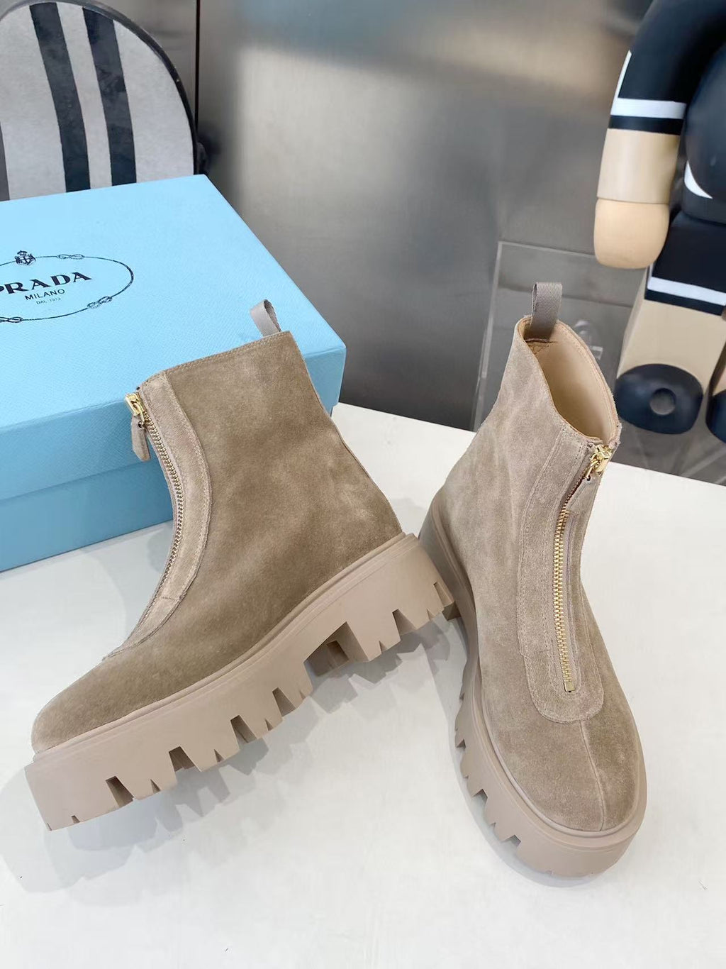 PRADA 25S SHORT BOOT IN BEIGE SUEDE SYTLE 1