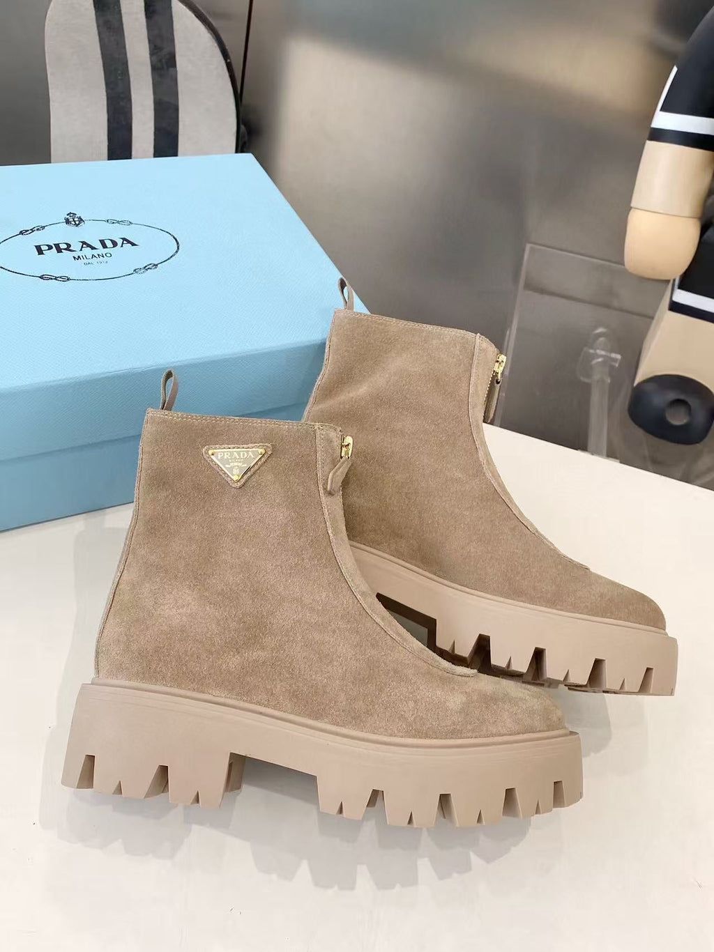 PRADA 25S SHORT BOOT IN BEIGE SUEDE SYTLE 1