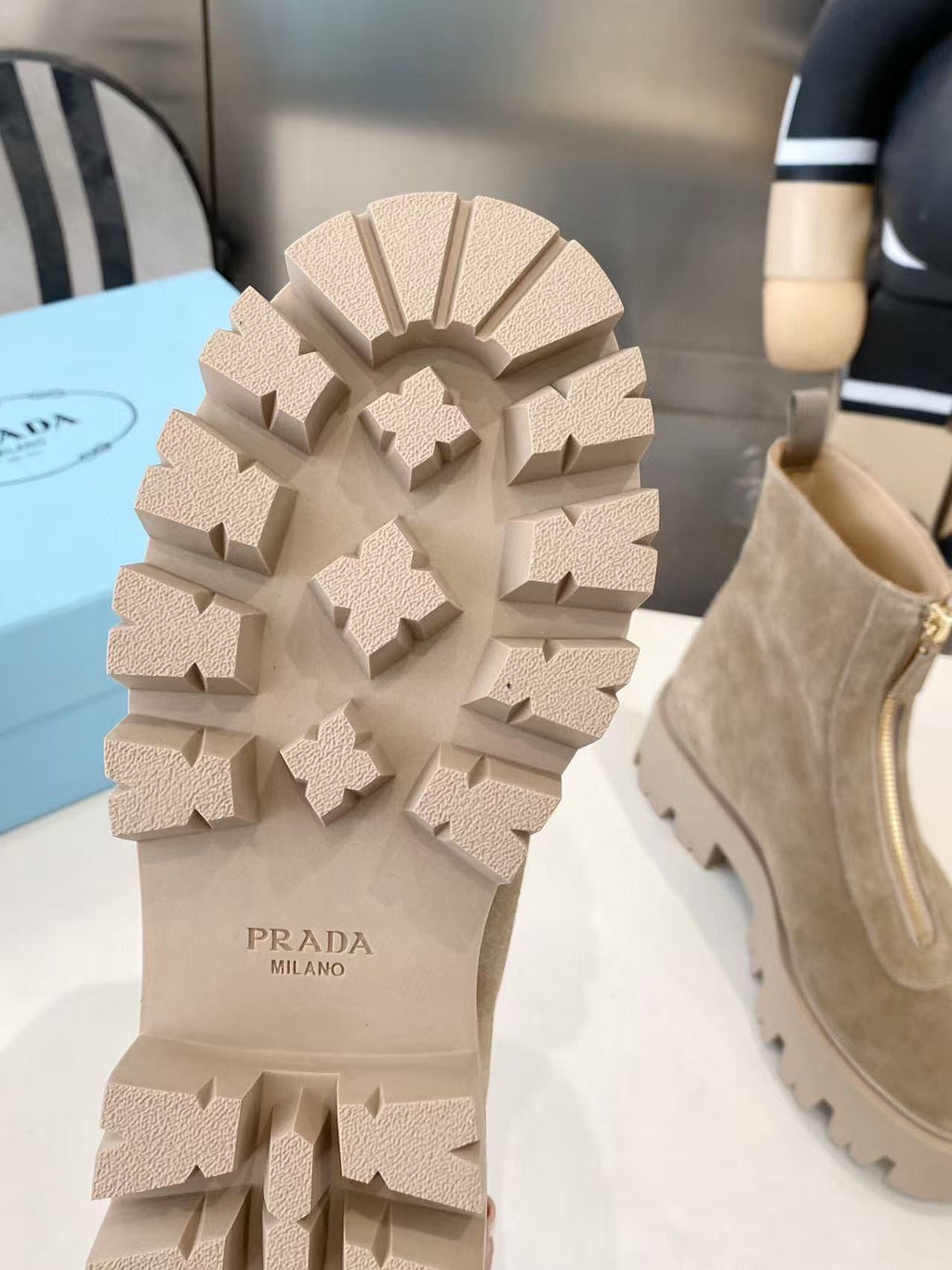 PRADA 25S SHORT BOOT IN BEIGE SUEDE SYTLE 1