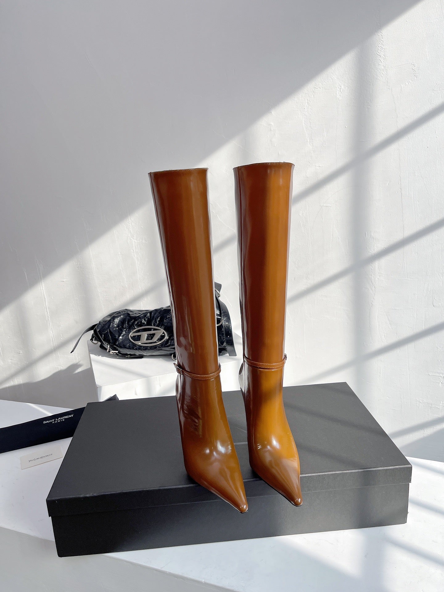 YSL VENDOME HIGH BOOTS IN CARAMEL BROWN CALFSKIN