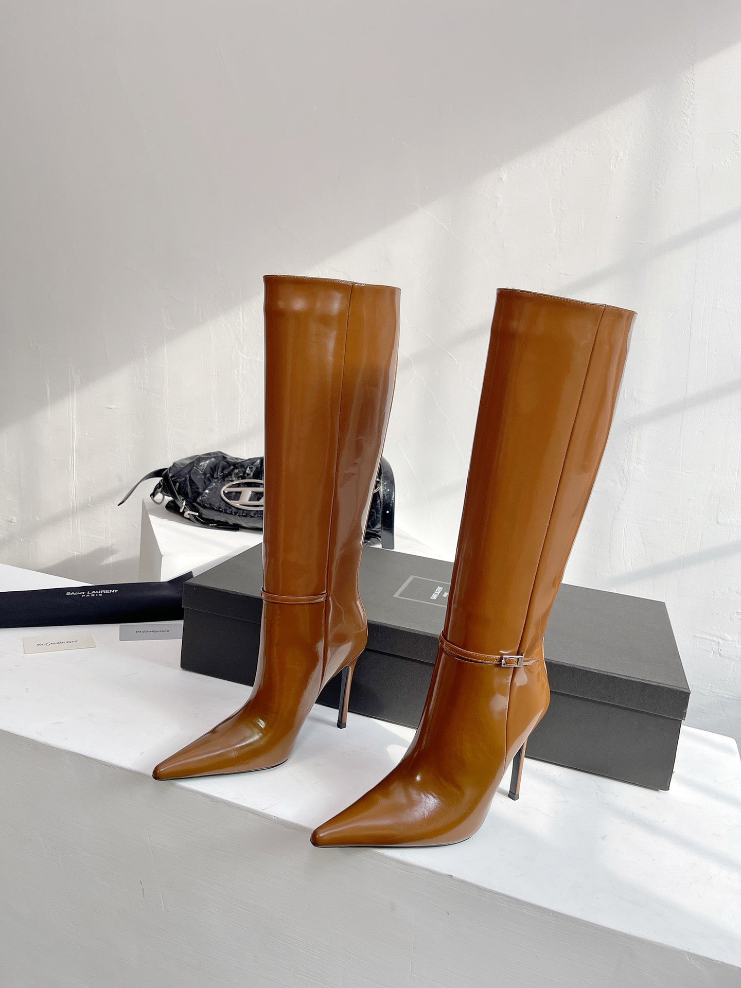 YSL VENDOME HIGH BOOTS IN CARAMEL BROWN CALFSKIN