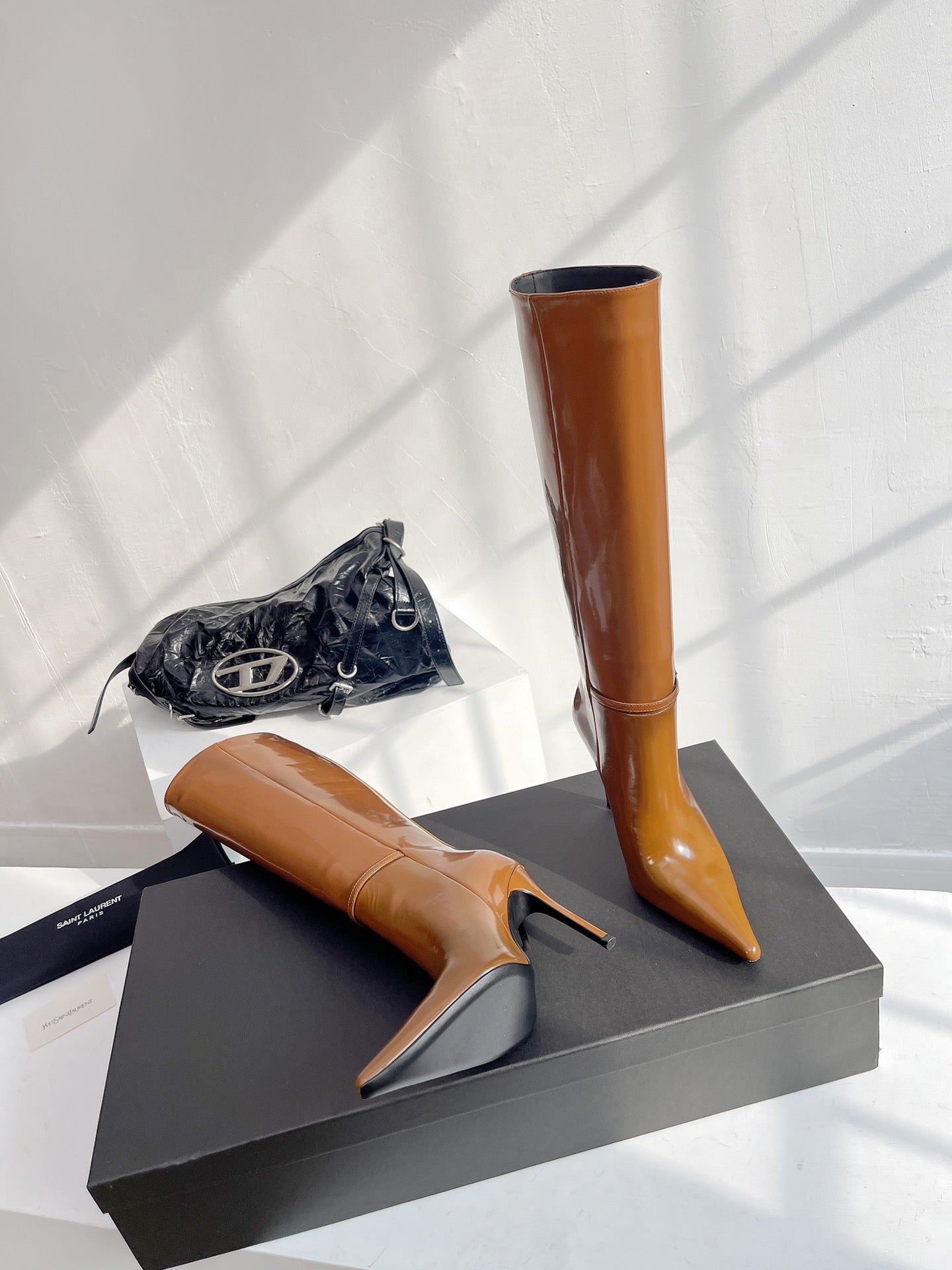 YSL VENDOME HIGH BOOTS IN CARAMEL BROWN CALFSKIN