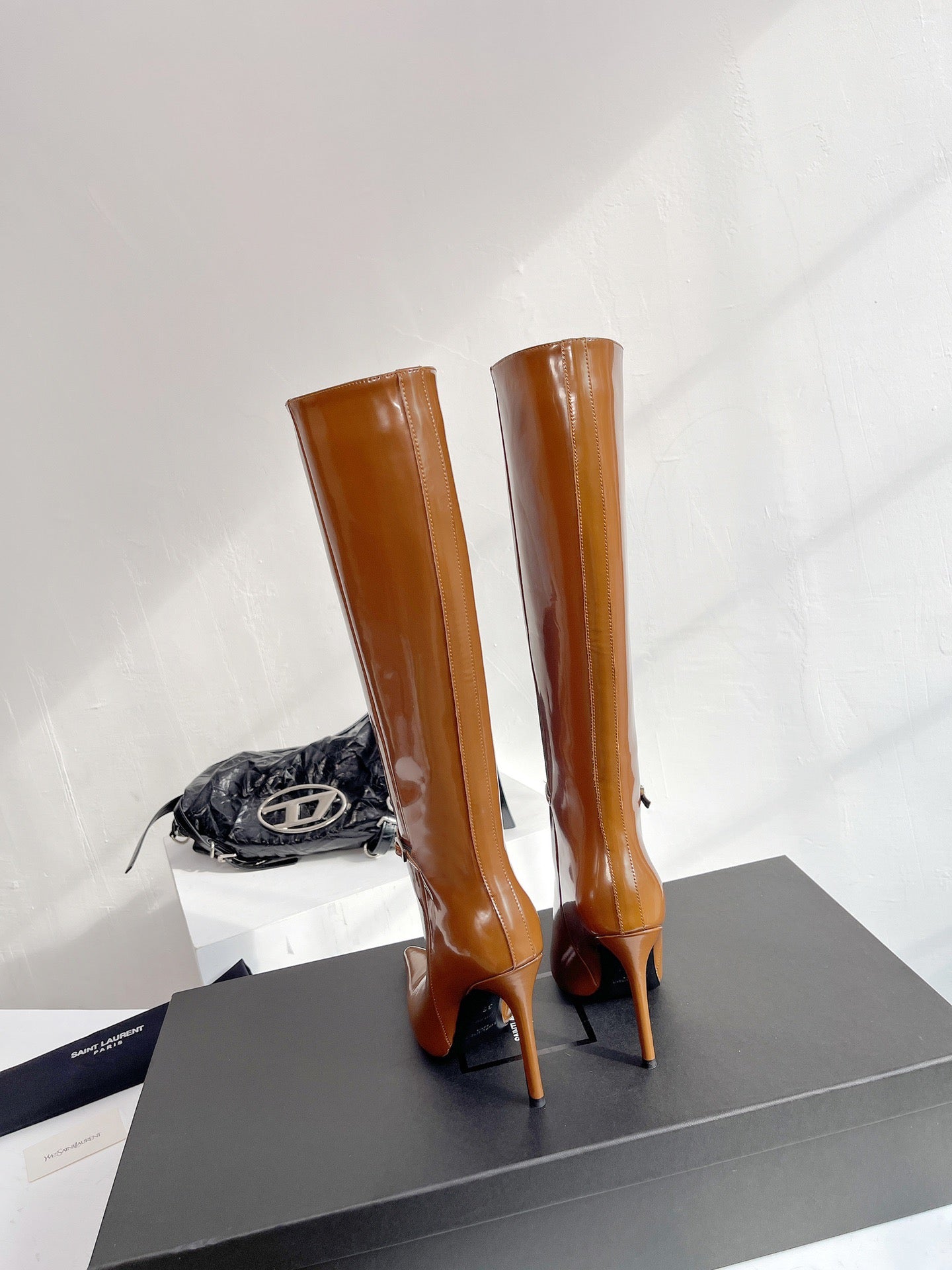 YSL VENDOME HIGH BOOTS IN CARAMEL BROWN CALFSKIN