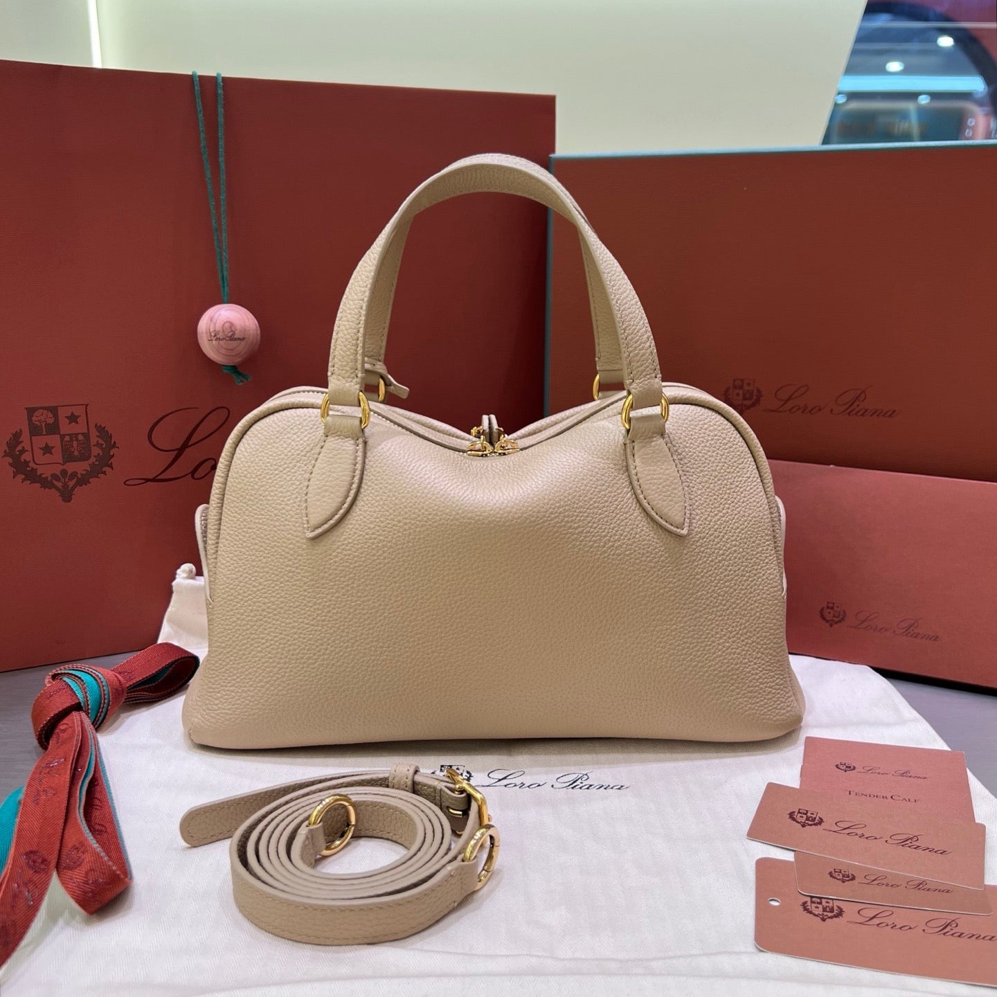 LORO PIANA NEEDLE BAG 30 IN DARK BEIGE CALFSKIN