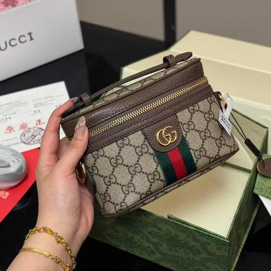 GUCCI OPHIDIA MINI BAG 15 IN BROWN GG CANVAS