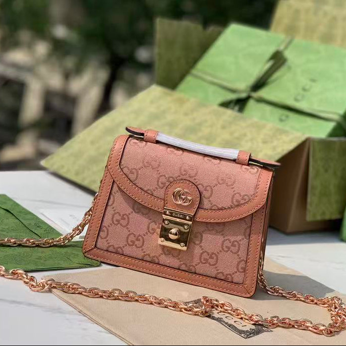 GUCCI OPHIDIA SHOULDER BAG 17 IN PINK CANVAS WITH LEATHER TRIM