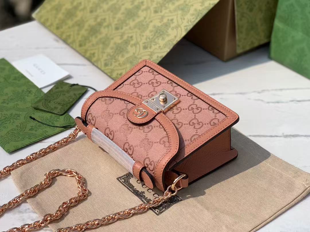 GUCCI OPHIDIA SHOULDER BAG 17 IN PINK CANVAS WITH LEATHER TRIM