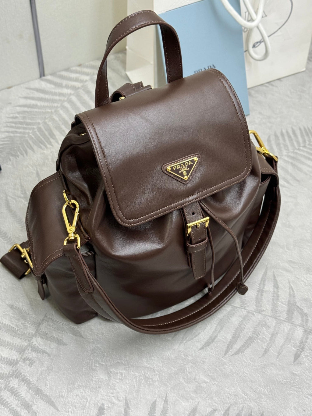 PRADA EXPLORE MEDIUM BACKPACK 29 IN BROWN CALFSKIN